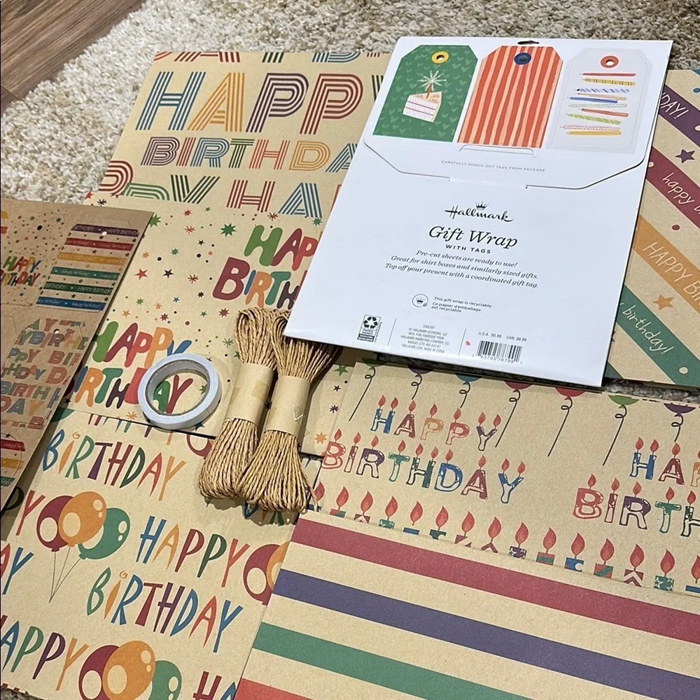 Hallmark & More Gift Wrap Set with Tags and Twine 9 sheets of Wrapping NWT